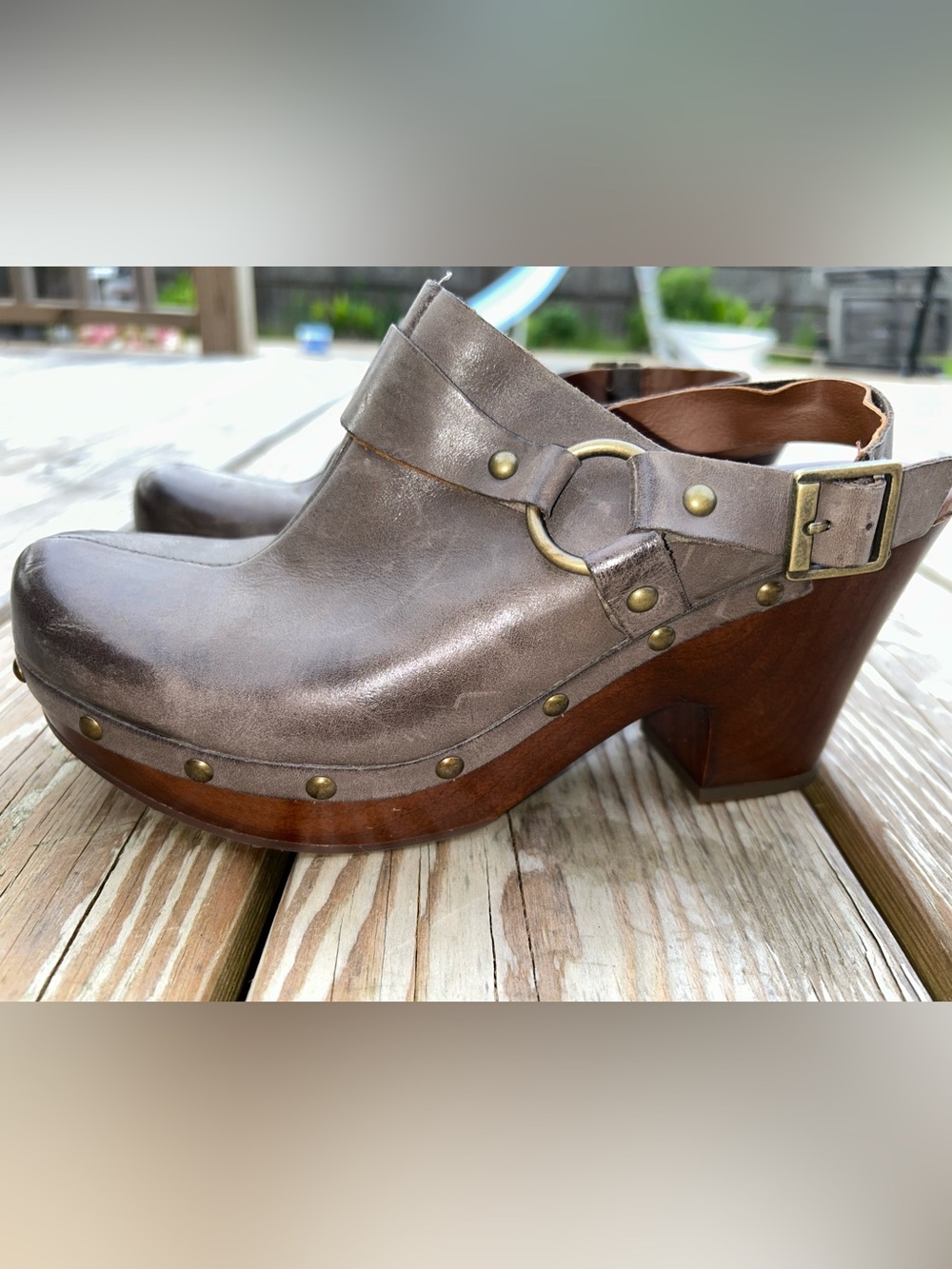 Kork-Ease Taupe Leather Studded Clog Heels with Buckle Ring Detail